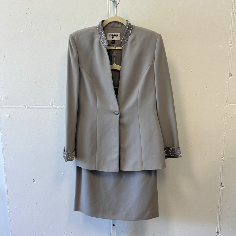 Vintage Kasper ASL Skirt Suit 8 Taupe Grey Beaded Collar Cuffs 2 Piece Set